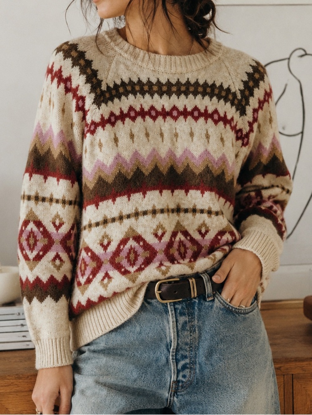 Old Navy Cozy Wool Blend Fair Isle Patterned Crewneck Knit Sweater Fall Size L